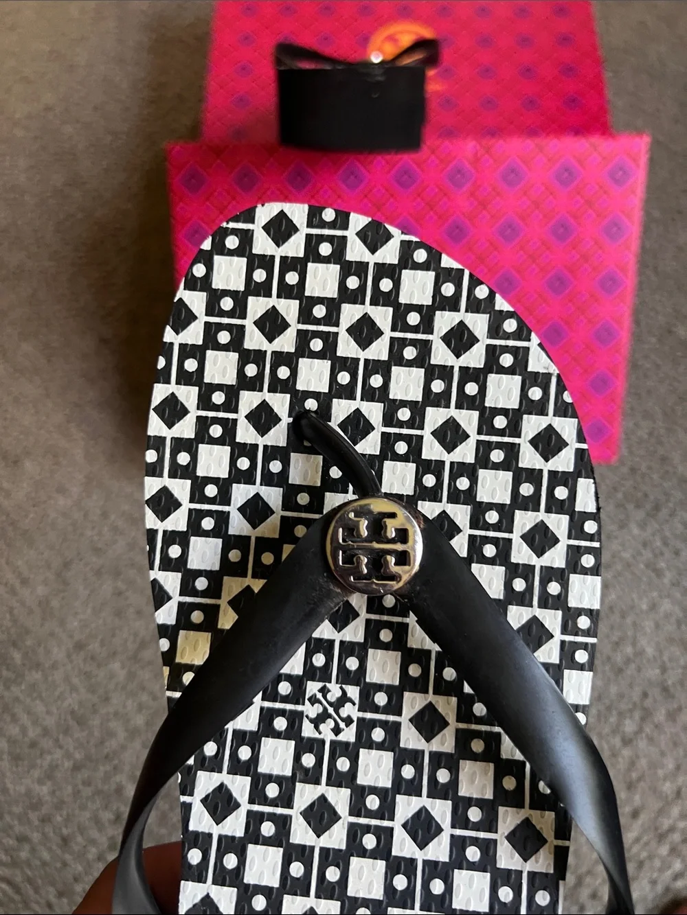 Tory Burch Black Flip Flop Sandals with Silver Emblem w/ Elevated Heel